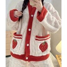 Sweet Strawberry Fuzzy Pajama Set | Women Sleep Top Pants Night Robes - £40.18 GBP