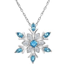 925 Sterling Silver Blue Topaz &amp; White Snowflake Pendant Necklace With Chain - £20.57 GBP