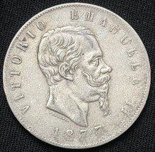 1877 Rome Silver Italy  5 Lire Vittorio Emanuele Coin Rome Mint - $38.61