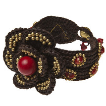 Tribal Chic Red Coral and Brass Bead Cotton Rope Floral Bracelet - £10.67 GBP