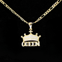 Crown Queen iced Cz Pendant 14k Gold Plated 20&quot; Figaro Chain Men&#39;s Necklace - £8.84 GBP