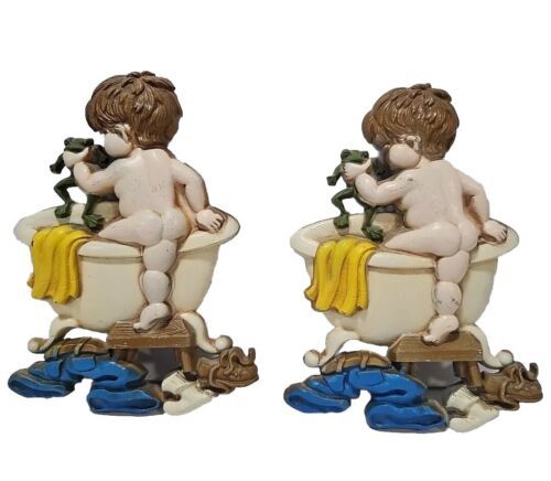 Cast Metal Wall Art Hanging Little Boy &amp; Frog Taking A Bath Sexton 1975 Vtg - $39.55