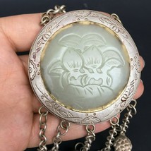 Antique Chinese Hand Carved White Jade Pendant Plaque 925 Sterling Silver Inlay - £310.71 GBP