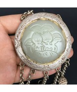 Antique Chinese Hand Carved White Jade Pendant Plaque 925 Sterling Silver Inlay - $210.99