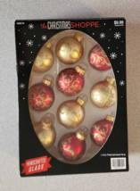 10 Small Glass Ornament Balls Bulbs Red Gold USA 2011 The Christmas Shoppe - £7.55 GBP