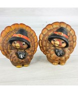 Vintage 4.5&quot; Pilgrim Turkey Ceramic Thanksgiving Candleholder Set 2 Hand... - $32.00