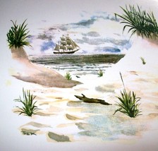 Pirate Ship Art Print Distant Beach Sand Dune Seaside Seascape T Rex Nautical - £10.25 GBP