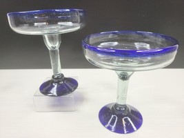 (2) Mexican Art Glass Hand Blown Margarita Glasses Cobalt Blue Base Rims Barware - £23.33 GBP