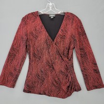 Dressbarn Women Shirt Size S Red Glitter Glam Dressy 3/4 Sleeves Surplice Neck - £9.32 GBP