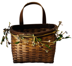 Rattan Wall Basket Decorated with Faux Buds &amp; Branches with Handle 10.5&quot; Tall A - £15.23 GBP