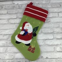 Christmas Stocking Felt Santa With Tree &amp; Presents Appliqué Green Red - $16.53