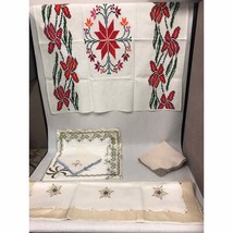 Vintage CHRISTMAS placemats napkins LINENS Embroidery cross stitch Lot 14 - £47.47 GBP