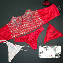 Victoria&#39;s Secret S 32C 34B Corset Top Bra Set+S,M,L Thong Lot Red Crystal Bling - $168.29