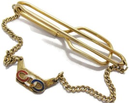 2 1/4&quot; Olympic USA Rings Neck Tie Bar w Chain 1/20 12Kt Gold Filled Campus VTG - £63.85 GBP