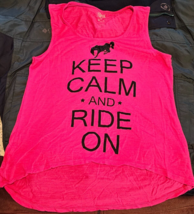 Pink Keep Calm and Ride on Sparkle Horse Tank Top Junior sz.Lg - $9.89