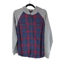 Cat &amp; Jack Kids Boys Flannel Shirt Hooded Button Down Pockets Plaid Blue... - £6.16 GBP