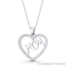 Mom Script Heart CZ Crystal Love Charm Pendant RDP .925 Sterling Silver Necklace - £11.91 GBP+