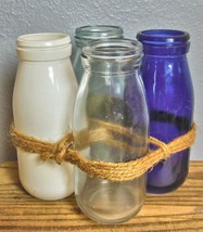 Set of 4 Glass Pint Bottles 2 Clear 1 White 1 Cobalt Blue Laced Together... - $22.77