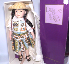 Designs by Yoko porcelain doll Mexican pattern dress, straw hat, sandals... - $21.73