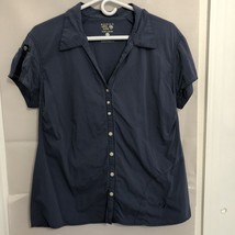 Mountain Hardwear womens shirt blue gray  button hiking vented ruched Sz 12 - £14.46 GBP