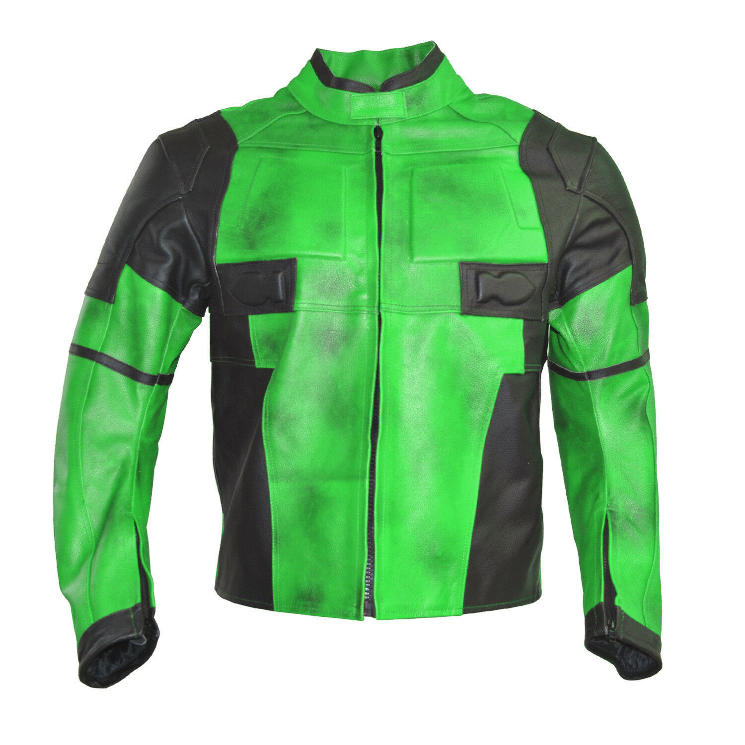Men Dead Pool Black Green Contrast Motorcycle Genuine Leather Safety Pads Jacket