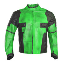 Men Dead Pool Black Green Contrast Motorcycle Genuine Leather Safety Pads Jacket - £132.01 GBP