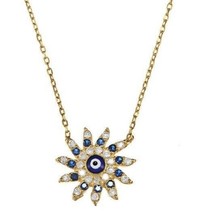 Evil Eye Sun Flower Shape Cubic Zirconia CZ Encrusted Pendant Chain Necklace 17&quot; - £39.95 GBP