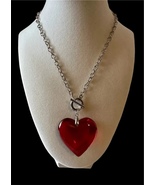 Large Red Glass Heart Pendant Necklace Love Necklace Chunky 3D Heart Cha... - $18.98