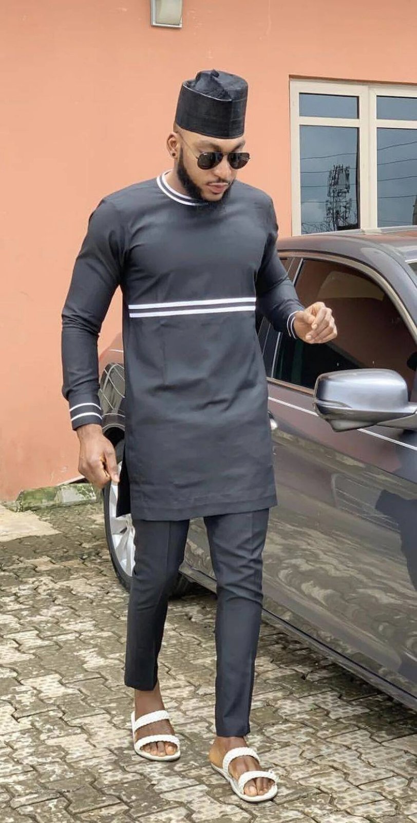 Black and White Men&#39;s Long Sleeve Shirt and Pants Kaftan African Clothing - $85.00+