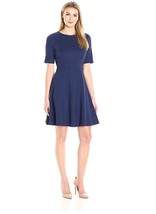 Lark &amp; Ro Women&#39;s Elbow Sleeve Textured Full Flare Dress Navy Blue Medium - $49.49