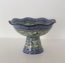 Polish Pottery Unikat Serving Pedestal Bowl Teresa Liana #2211 Flowers Butterfly - £119.84 GBP