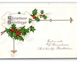 Christmas Greetings Holly Ribbon Embossed UNP DB Postcard Y9 - $2.92