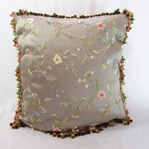 CHELSEA Embroidered Floral Gray Silk Tasseled 22-inch Square Pillow - $76.00