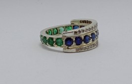 925 Sterling Silver Vintage Emerald, Blue Sapphire and Diamond Engagement Ring - £282.14 GBP