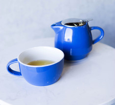 Glossy Blue Contemporary Ceramic Stackable Teapot Set Single Tea Pot With Mug - £18.95 GBP