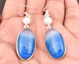 925 Argent Sterling Bleu Agate &amp; Perle Pierre Précieuse Main Boucles Cadeau - £37.10 GBP