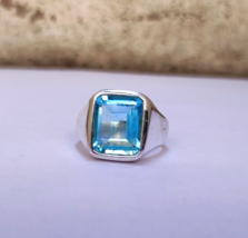 5Ct Emerald cut Natural blue Aquamarine 14K White Gold Plated Ring for Man - £73.48 GBP