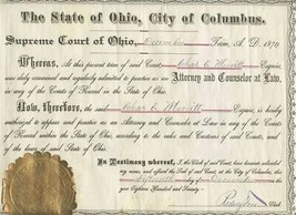 1870 State of Ohio City of Columbus Supreme Court Certificate To Practic... - £135.12 GBP