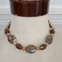 Brown &amp; Blue Polychrome &amp; Red Jasper (?) Stone &amp; Crystal Bead Necklace - £15.73 GBP
