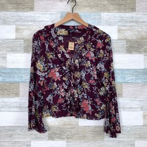 American Eagle Lace Up Ruffle Peasant Top Purple Floral Bell Sleeve Womens Small - $29.69