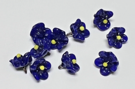 10 Antique Glass Flower Head On Wire Bead Charm Cobalt Blue w Yellow Han... - $12.38