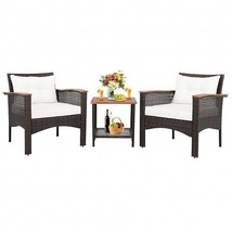 3 Pieces Patio Rattan Furniture Set with Acacia Wood Tabletop - Color: Off White - $6,212.21 MXN