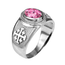 Sterling Silver Jerusalem Cross Pink CZ October Birthstone Ring - £39.33 GBP