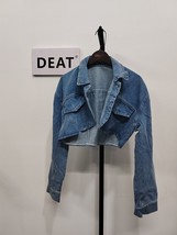 DEAT Fashion Women&#39;s Short Denim Jackets New Lapel Long Sleeve Pocket Single Bre - £40.54 GBP