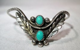 Vintage Navajo Sterling Silver Signed Turquoise Cuff Bracelet K502 - £136.28 GBP