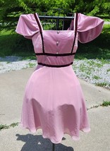 PINK DRESS WITH WINE TRIM SIZE SMALL CAPPED SLEEVES - £40.45 GBP