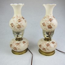 Vintage Hurricane Lamp Pair 2 Frosted White Glass Brown Floral Double Li... - $199.99