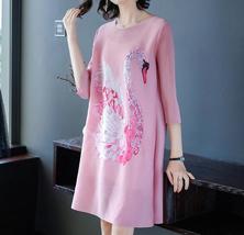 Mid-length printed beaded pleated slimming solid pink shift dress - $56.20