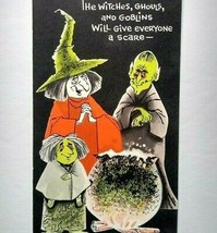 Halloween Greeting Card Vintage Party Invite Green Face Goblins Witch Ca... - $25.20