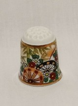 Vintage Bird Flowers Green Leaves Wheels Thimble 1&quot; Kohzan  Japan Porcelain - $14.99